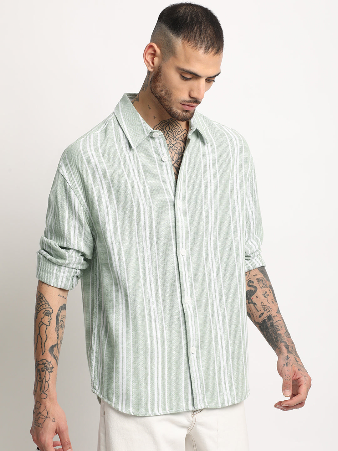 Arnos - Men's Light Green Striped Relaxed Fit Casual Shirt