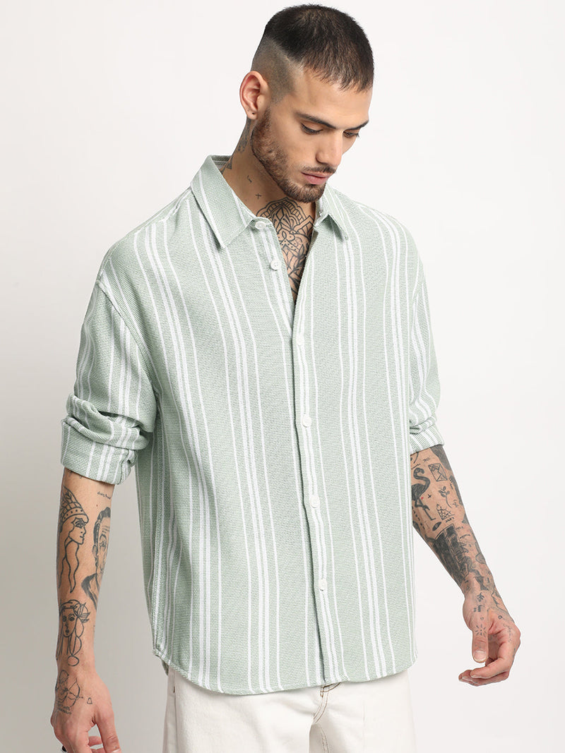 Arnos - Men's Light Green Striped Relaxed Fit Casual Shirt