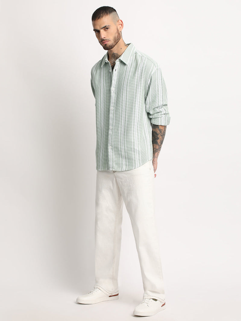 Arnos - Men's Light Green Striped Relaxed Fit Casual Shirt