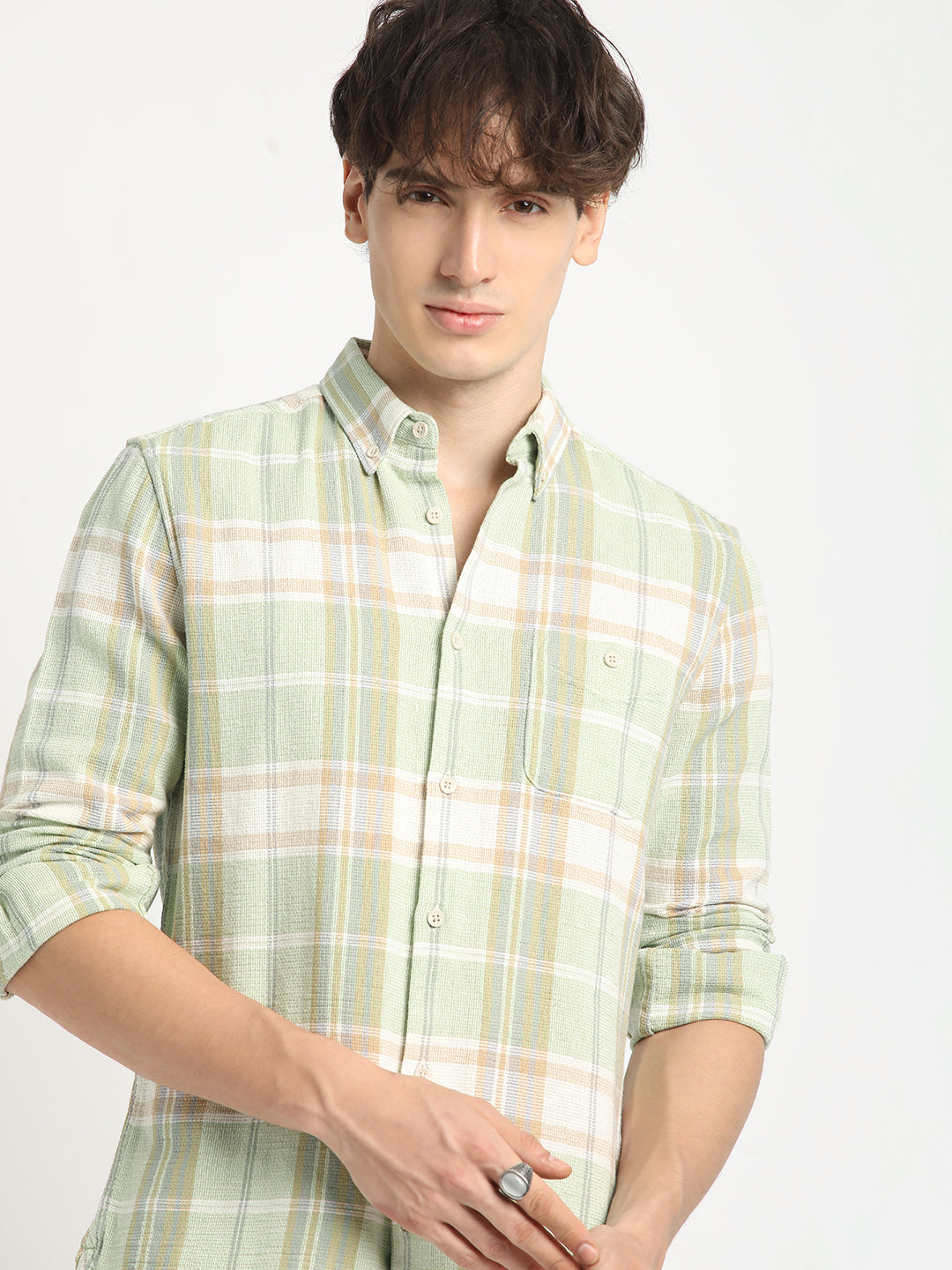 Austro - Men Green Checked Slim Fit Cotton Casual Shirt