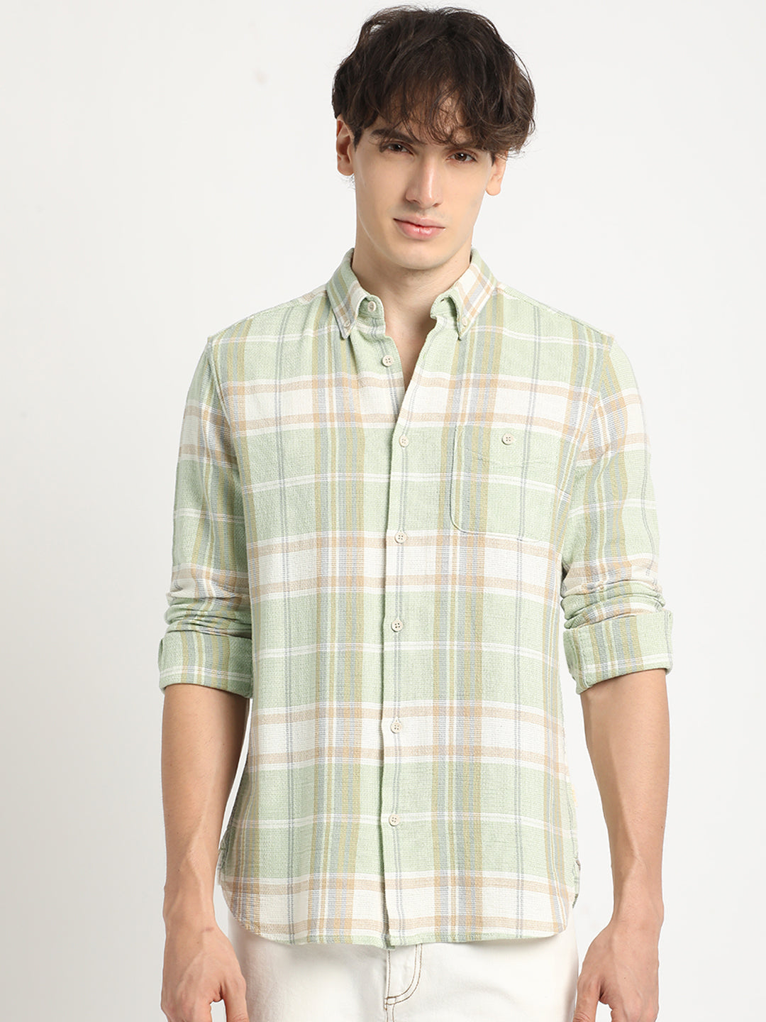 Austro - Men Green Checked Slim Fit Cotton Casual Shirt