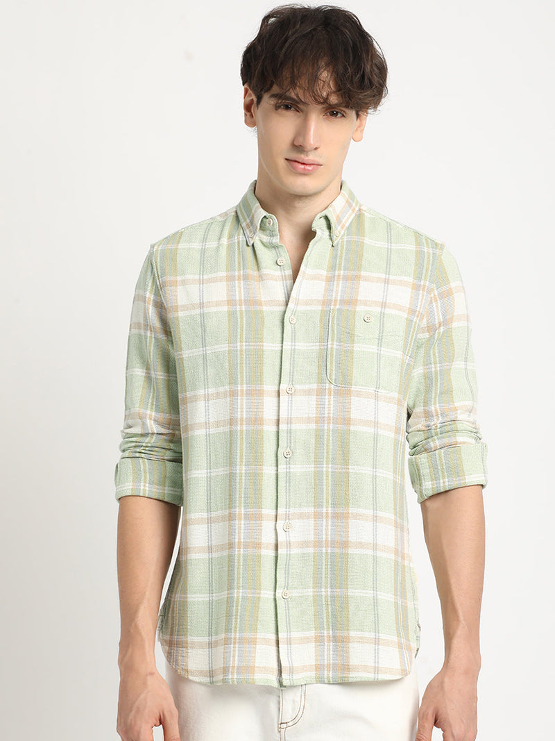 Austro - Men Green Checked Slim Fit Cotton Casual Shirt