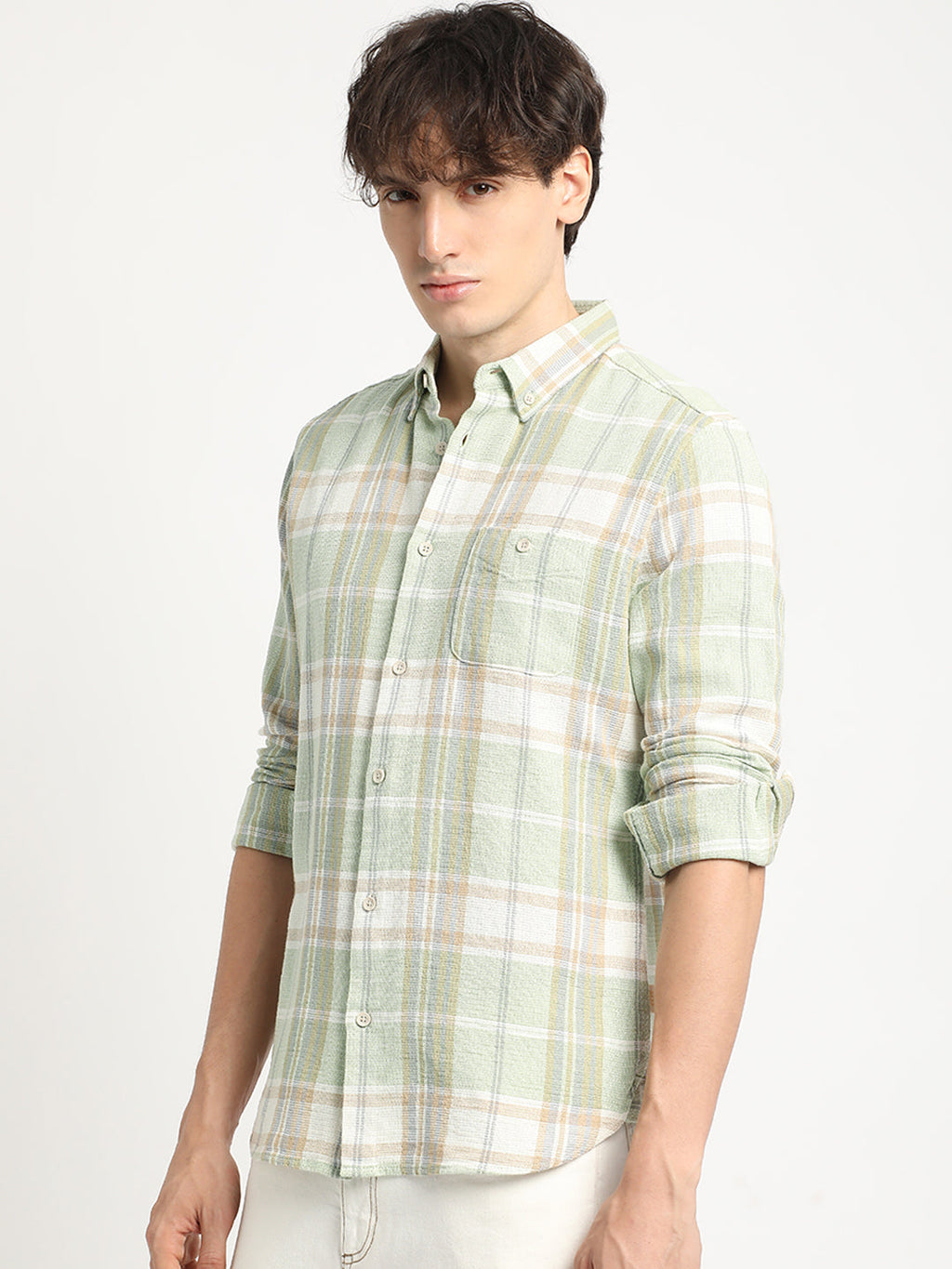 Austro - Men Green Checked Slim Fit Cotton Casual Shirt
