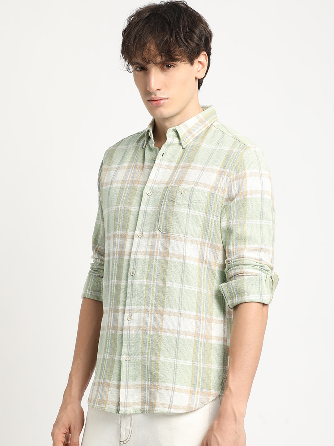 Austro - Men Green Checked Slim Fit Cotton Casual Shirt