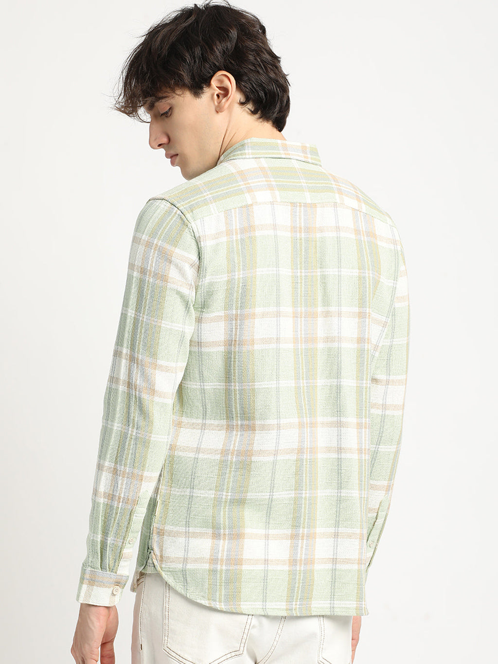 Austro - Men Green Checked Slim Fit Cotton Casual Shirt
