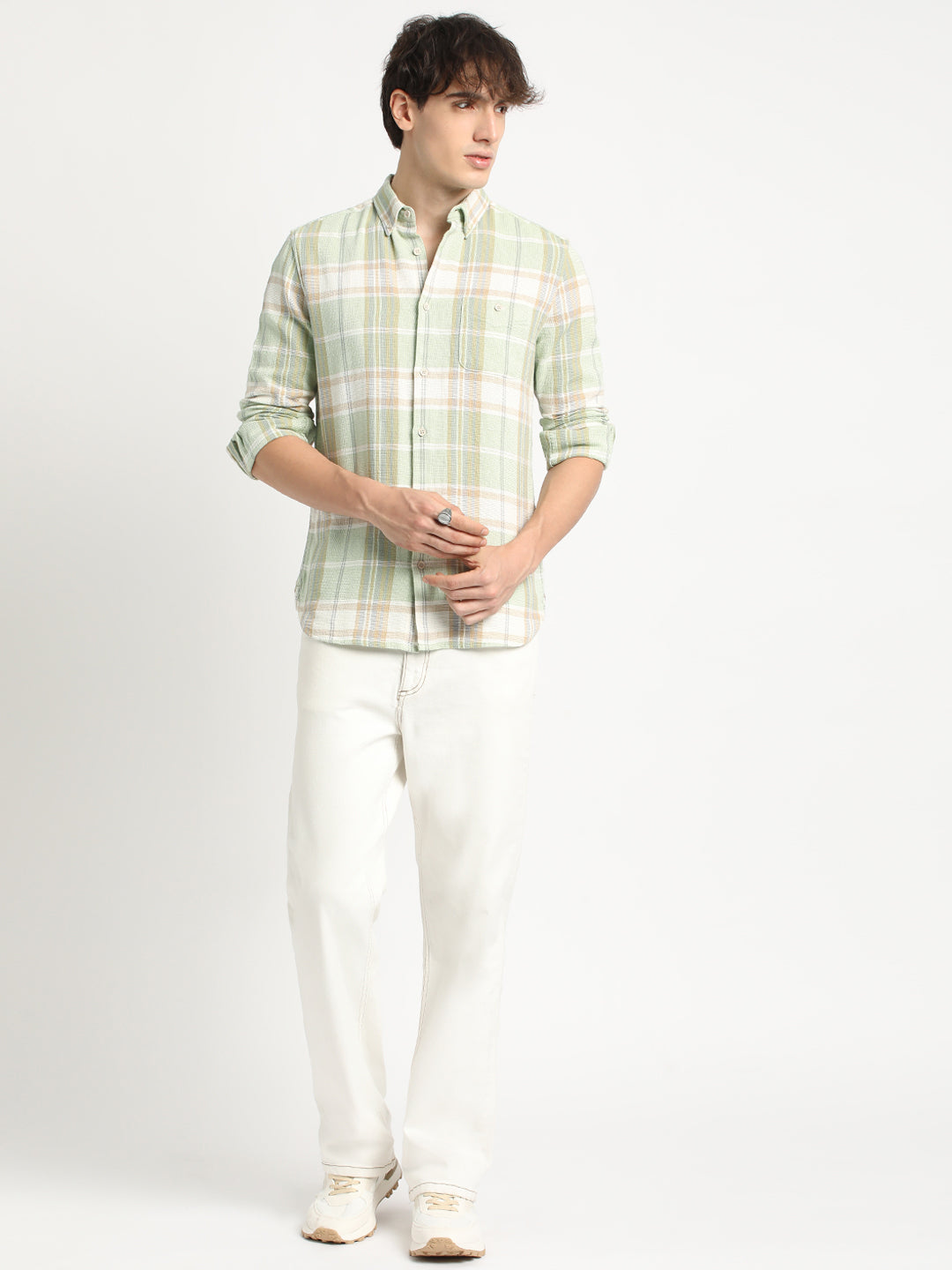 Austro - Men Green Checked Slim Fit Cotton Casual Shirt
