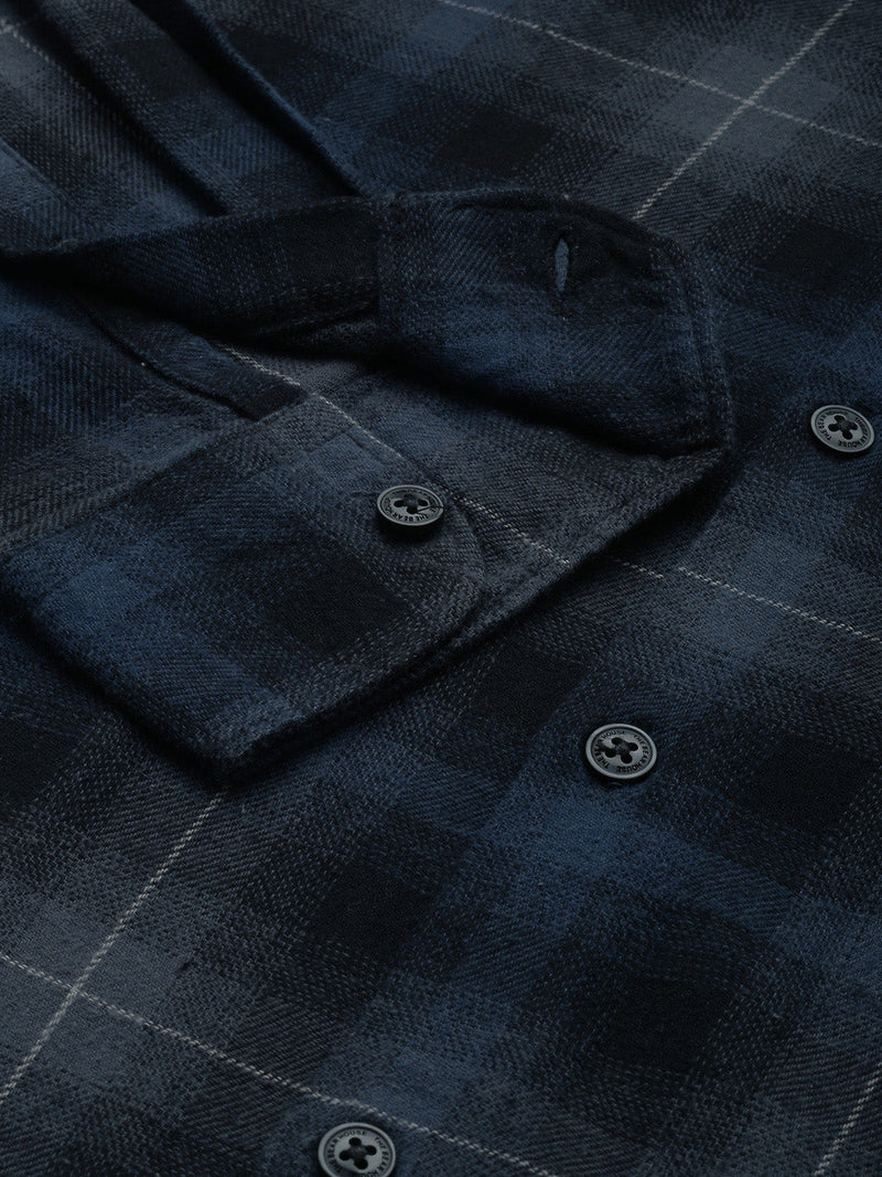 Bacalar - Men Navy Blue Slim Fit Checked Flannel Cotton Casual Shirt