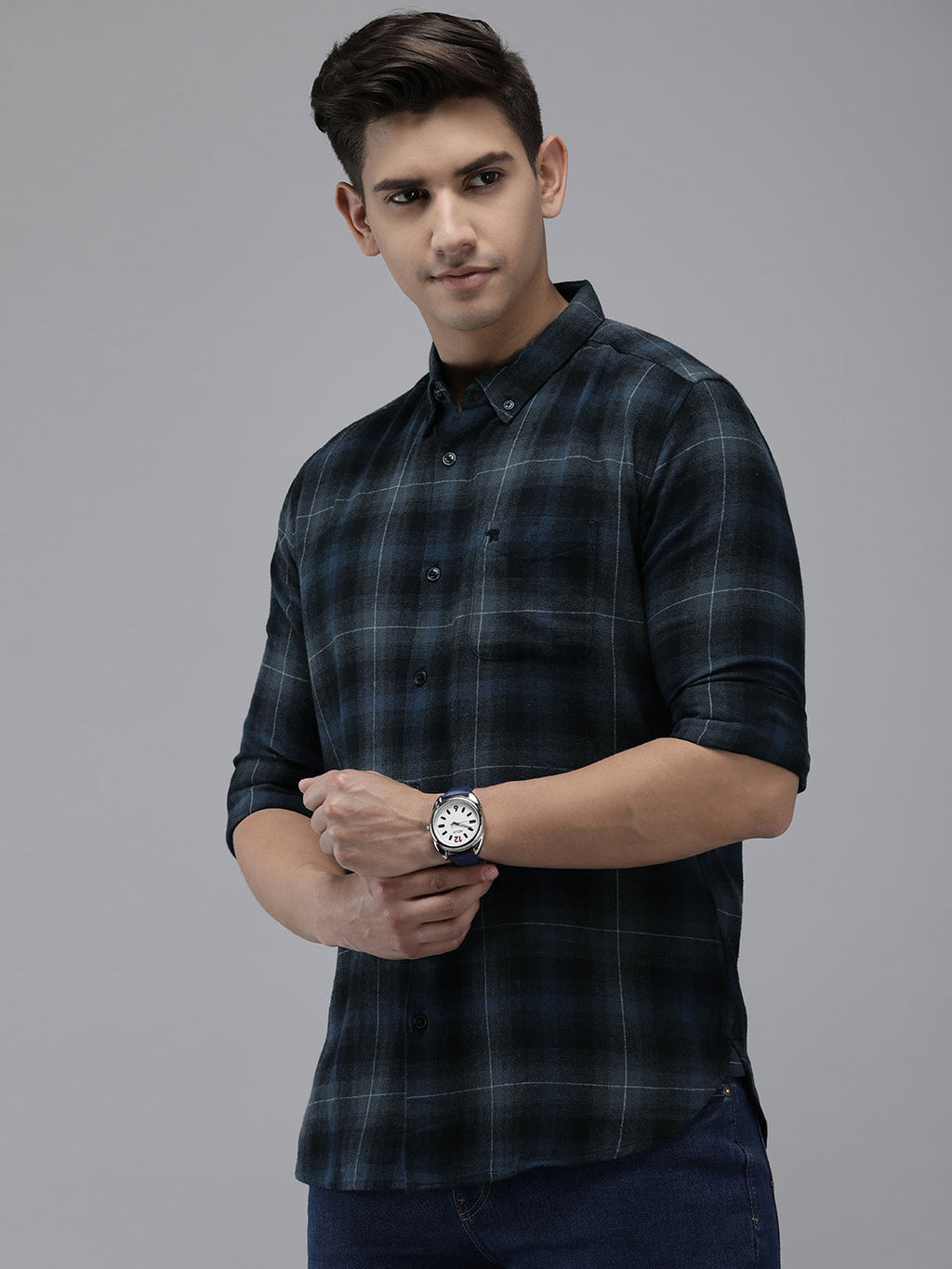 Bacalar - Men Navy Blue Slim Fit Checked Flannel Cotton Casual Shirt