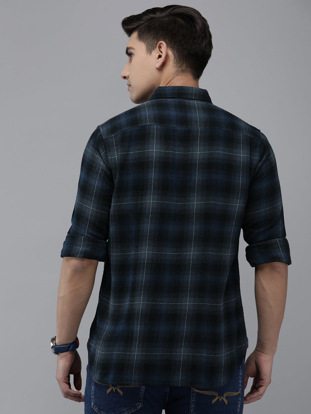 Bacalar - Men Navy Blue Slim Fit Checked Flannel Cotton Casual Shirt