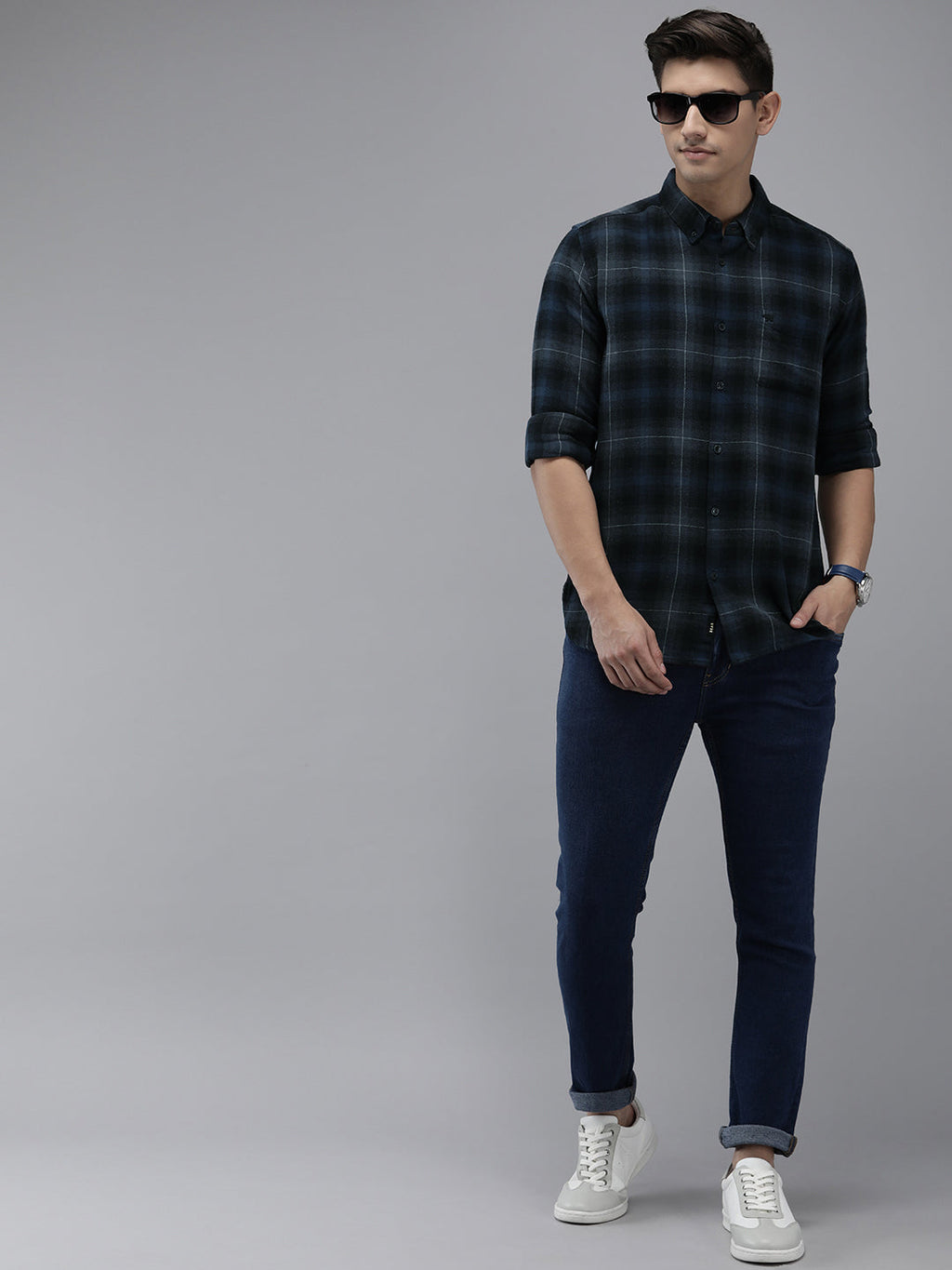 Bacalar - Men Navy Blue Slim Fit Checked Flannel Cotton Casual Shirt