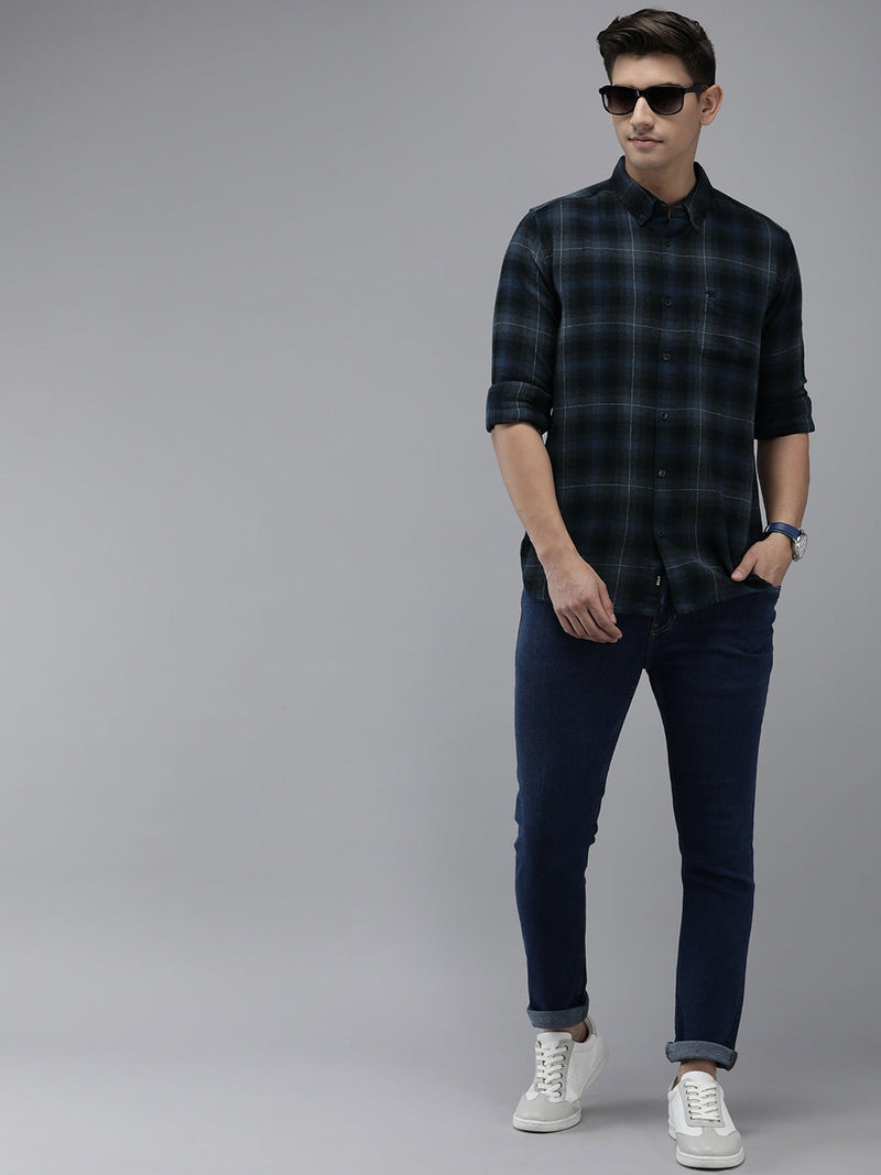 Bacalar - Men Navy Blue Slim Fit Checked Flannel Cotton Casual Shirt