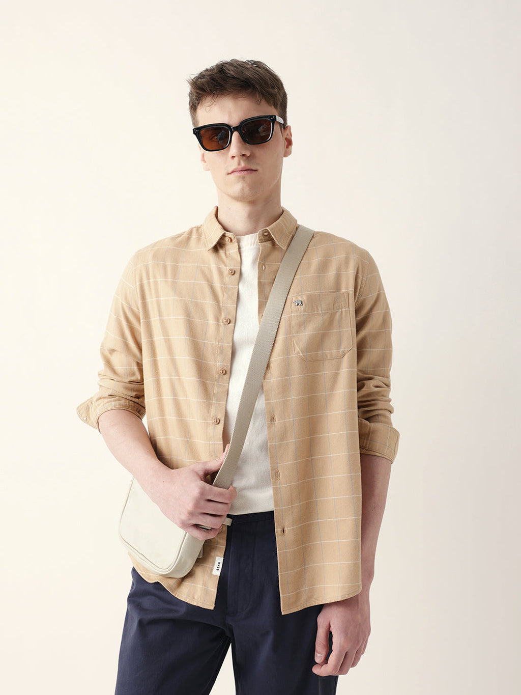 BANDIS - Beige Slim Fit Casual Shirt with Woven Block Checks