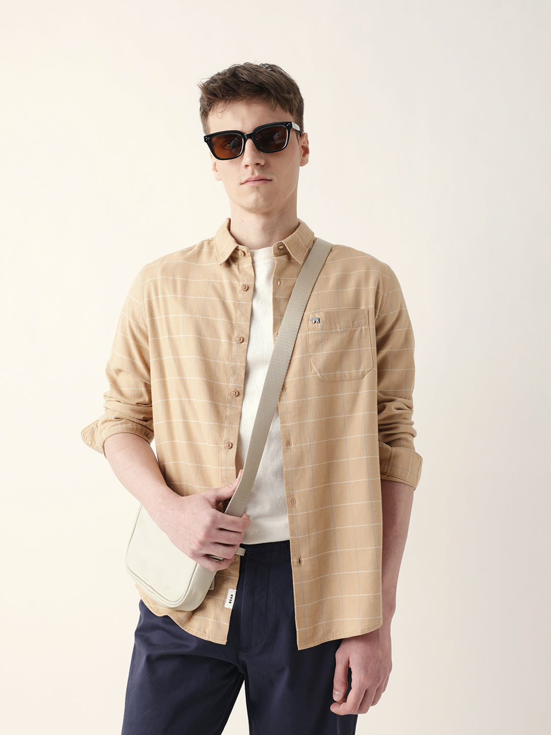 BANDIS - Beige Slim Fit Casual Shirt with Woven Block Checks
