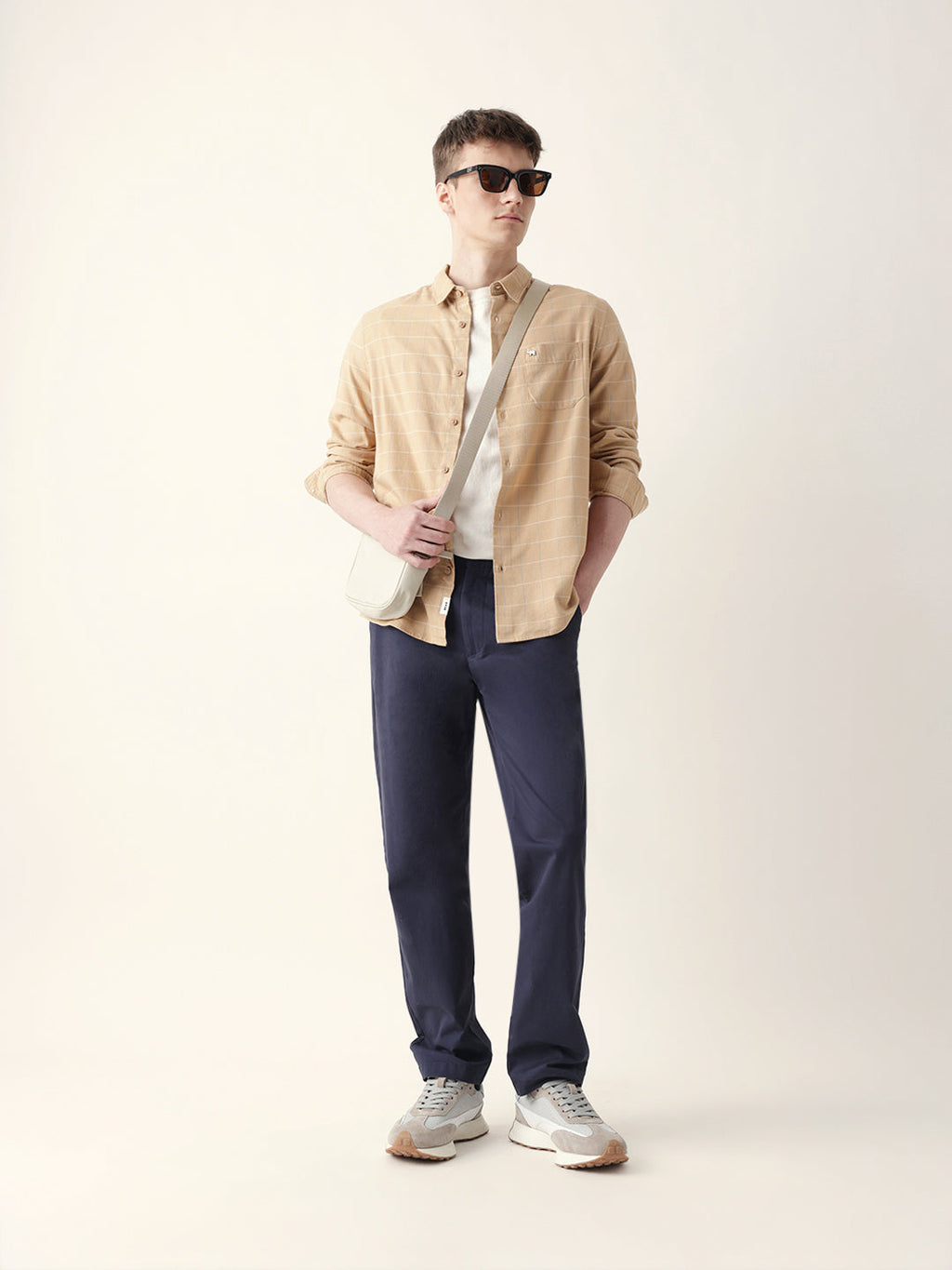 BANDIS - Beige Slim Fit Casual Shirt with Woven Block Checks