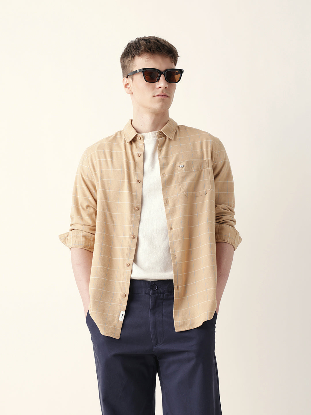 BANDIS - Beige Slim Fit Casual Shirt with Woven Block Checks