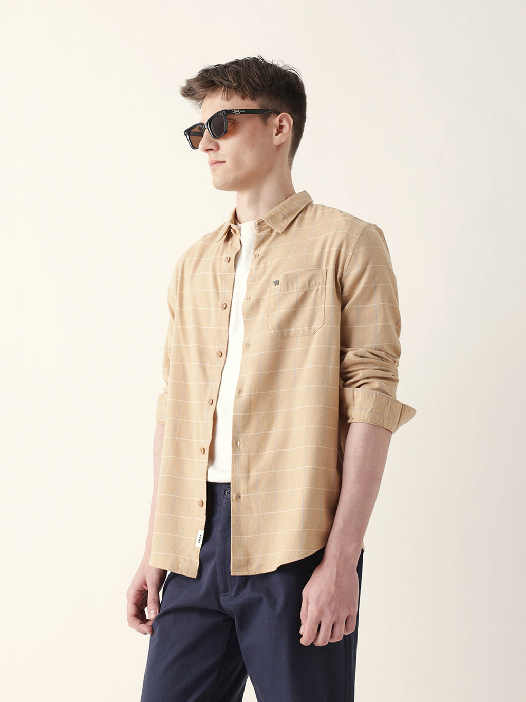 BANDIS - Beige Slim Fit Casual Shirt with Woven Block Checks