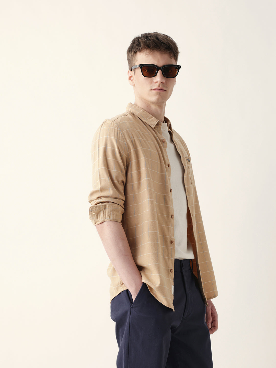BANDIS - Beige Slim Fit Casual Shirt with Woven Block Checks
