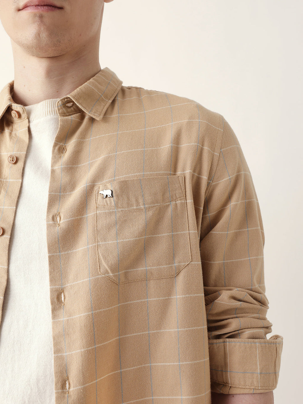 BANDIS - Beige Slim Fit Casual Shirt with Woven Block Checks