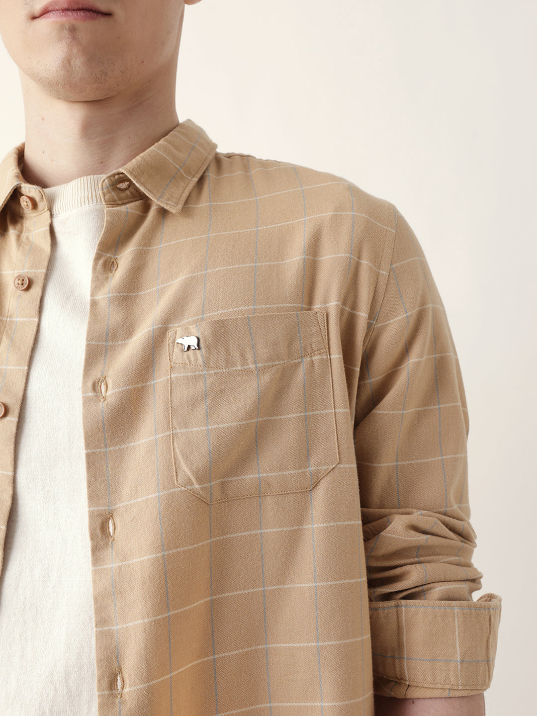 BANDIS - Beige Slim Fit Casual Shirt with Woven Block Checks