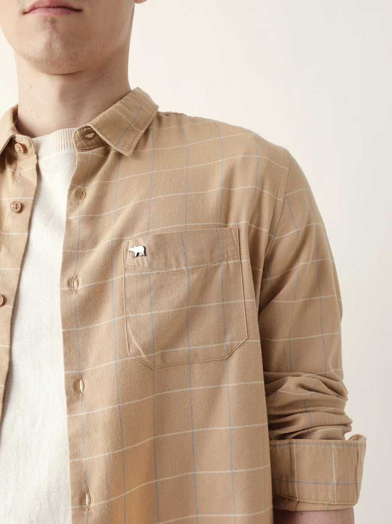 BANDIS - Beige Slim Fit Casual Shirt with Woven Block Checks
