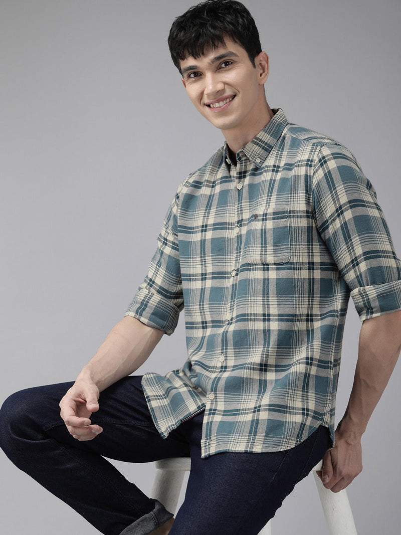 Basta - Men Teal Blue Slim Fit Checked Flannel Cotton Casual Shirt