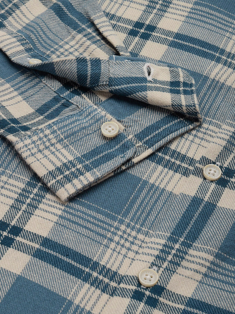 Basta - Men Teal Blue Slim Fit Checked Flannel Cotton Casual Shirt