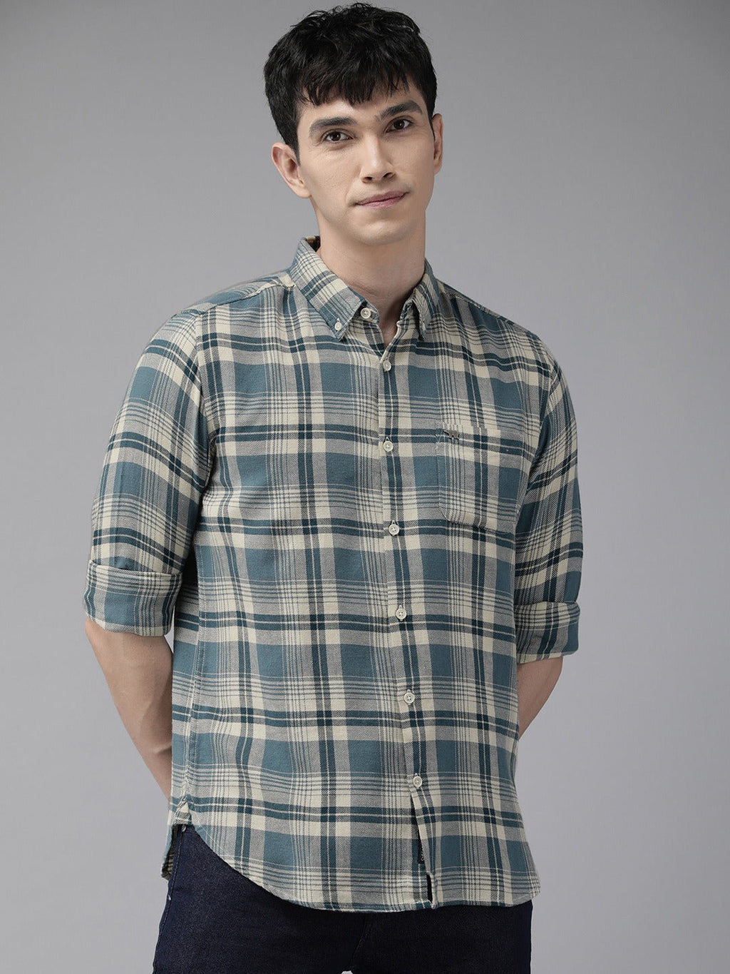 Basta - Men Teal Blue Slim Fit Checked Flannel Cotton Casual Shirt