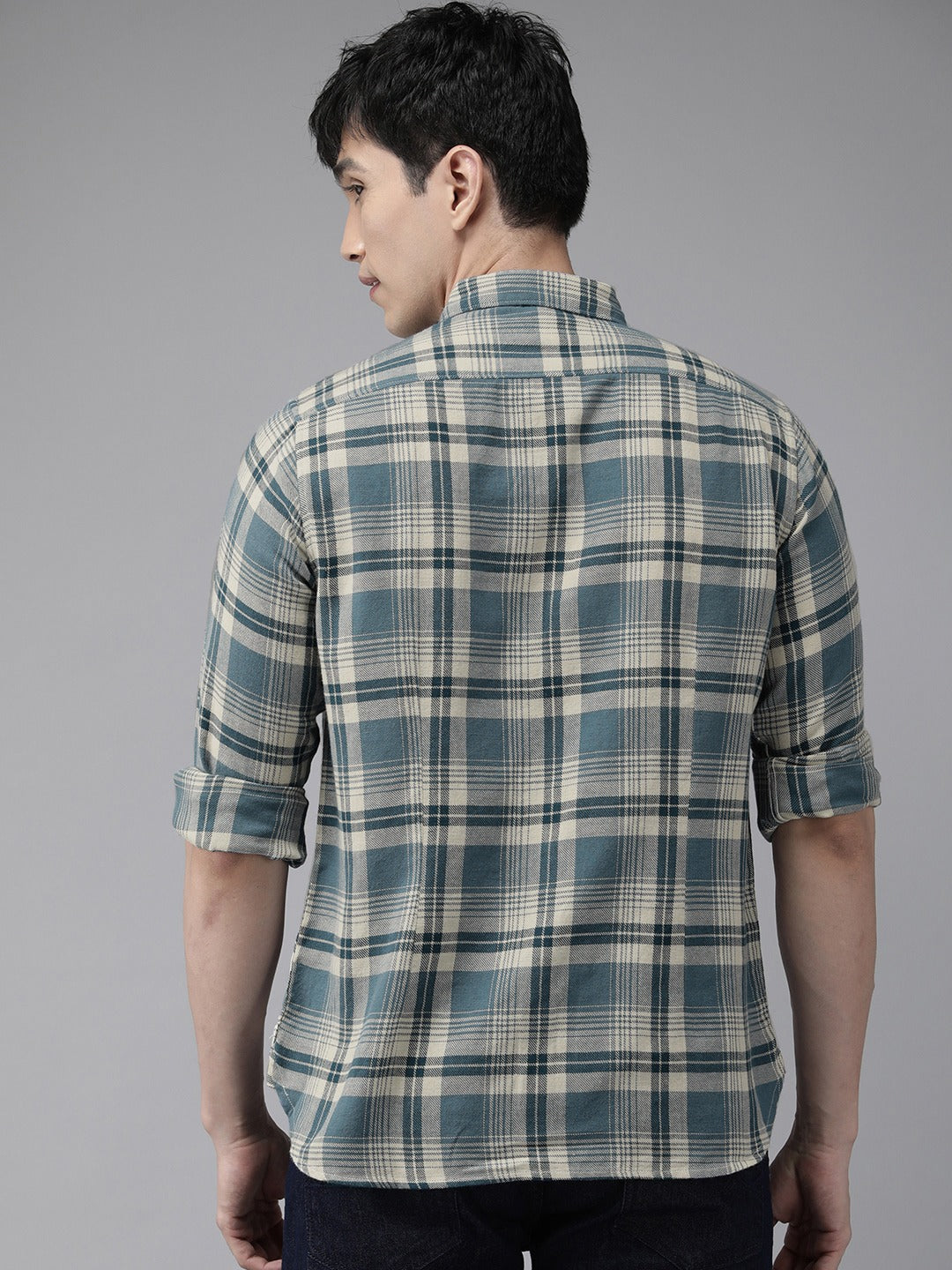 Basta - Men Teal Blue Slim Fit Checked Flannel Cotton Casual Shirt