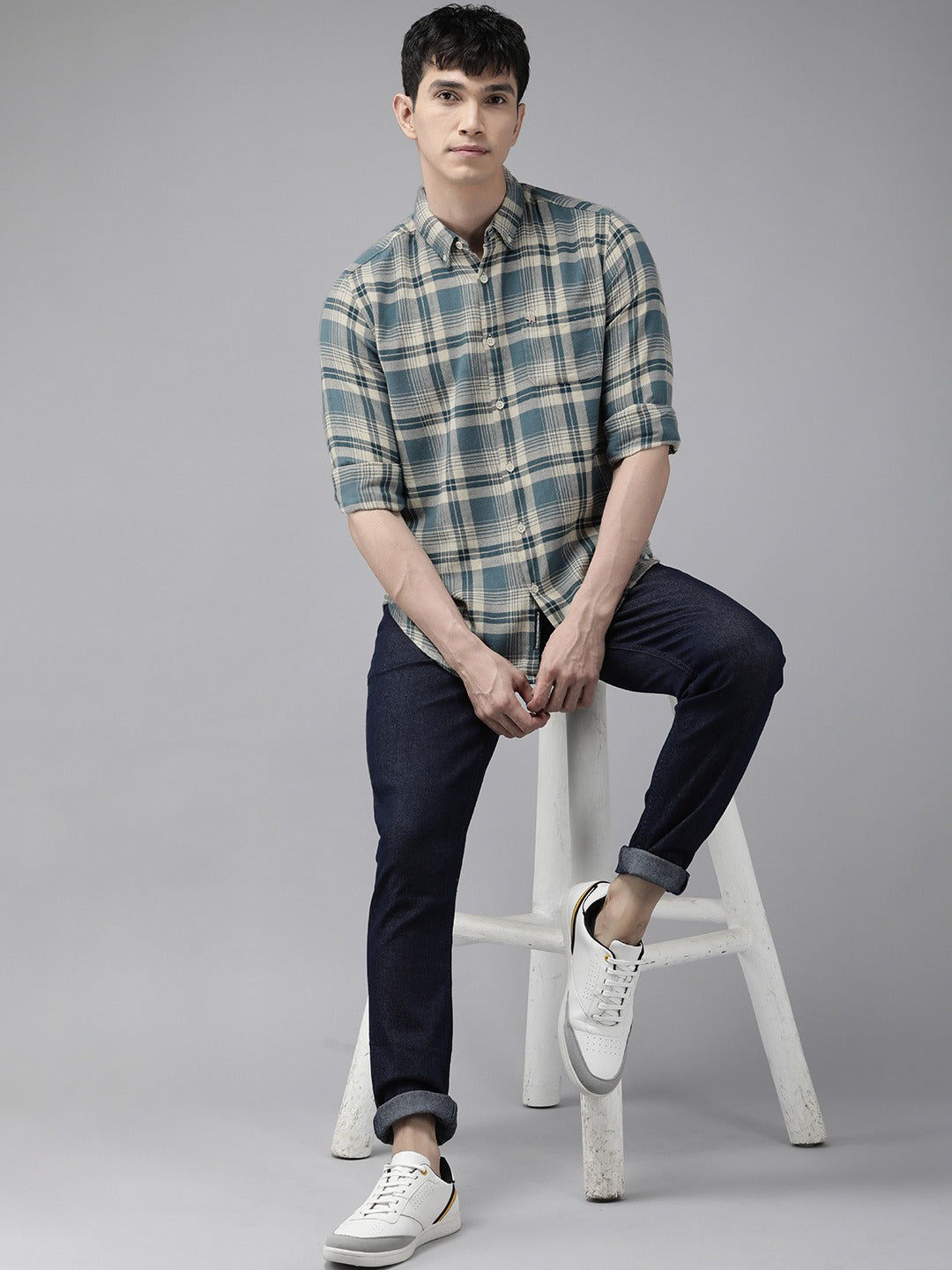 Basta - Men Teal Blue Slim Fit Checked Flannel Cotton Casual Shirt