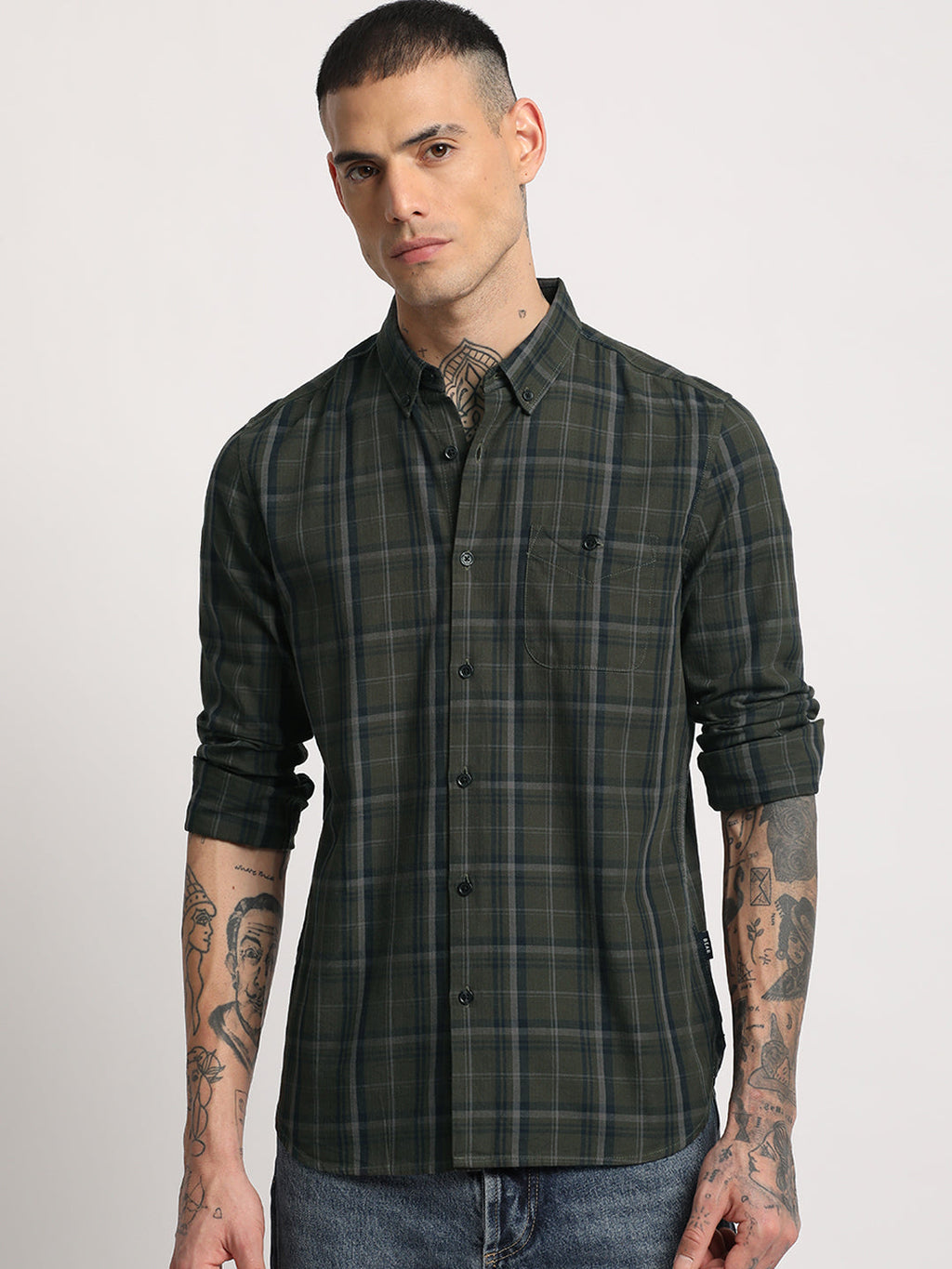 Bez - Men Green Checked Slim Fit Cotton Casual Shirt