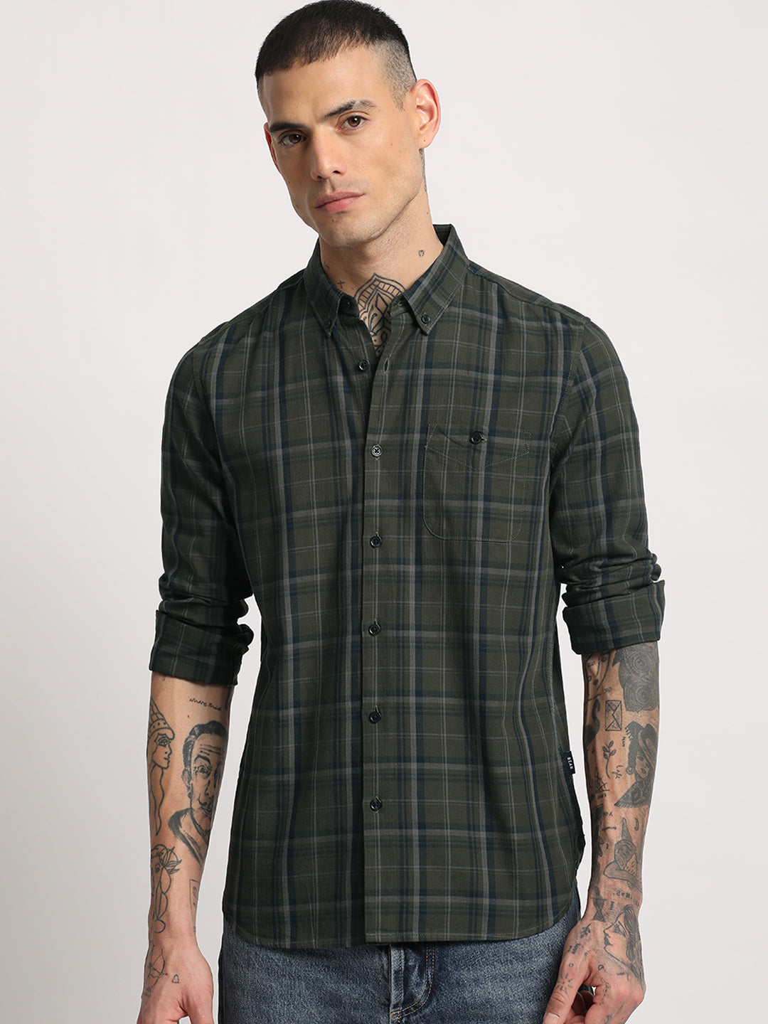 Bez - Men Green Checked Slim Fit Cotton Casual Shirt