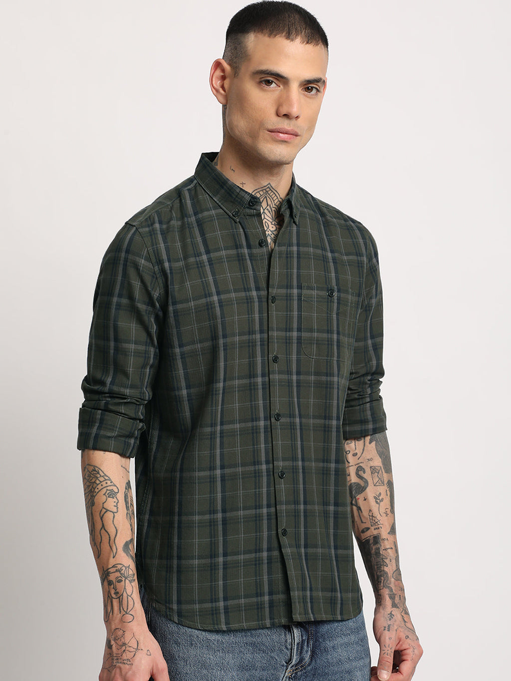 Bez - Men Green Checked Slim Fit Cotton Casual Shirt