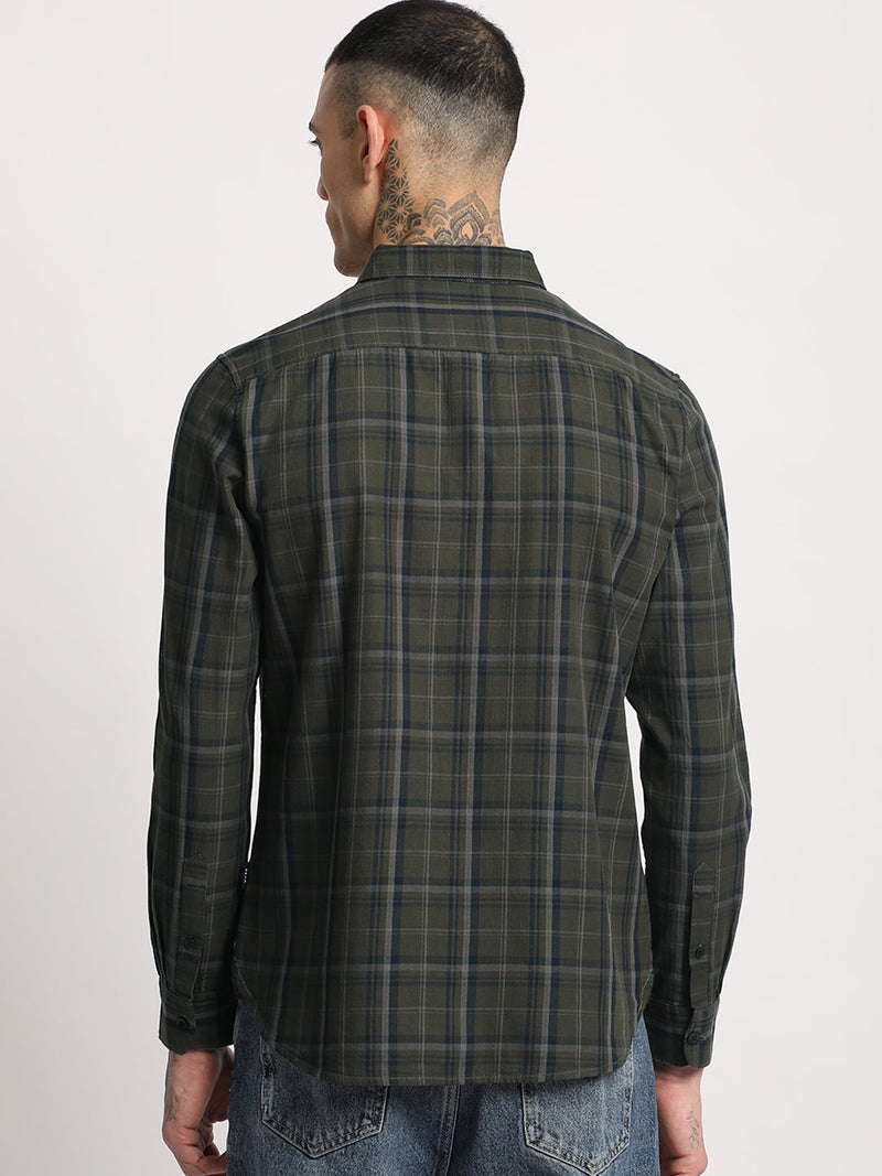 Bez - Men Green Checked Slim Fit Cotton Casual Shirt