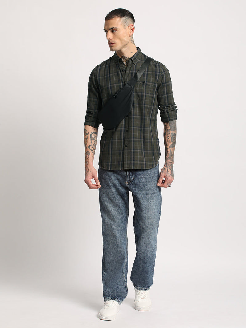 Bez - Men Green Checked Slim Fit Cotton Casual Shirt