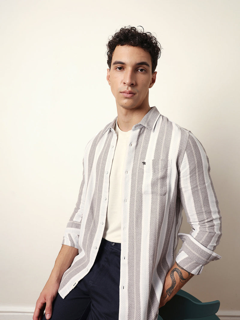 BROOK - Multicolor Vertical Striped Slim Fit Casual Shirt with Woven-Effect Design