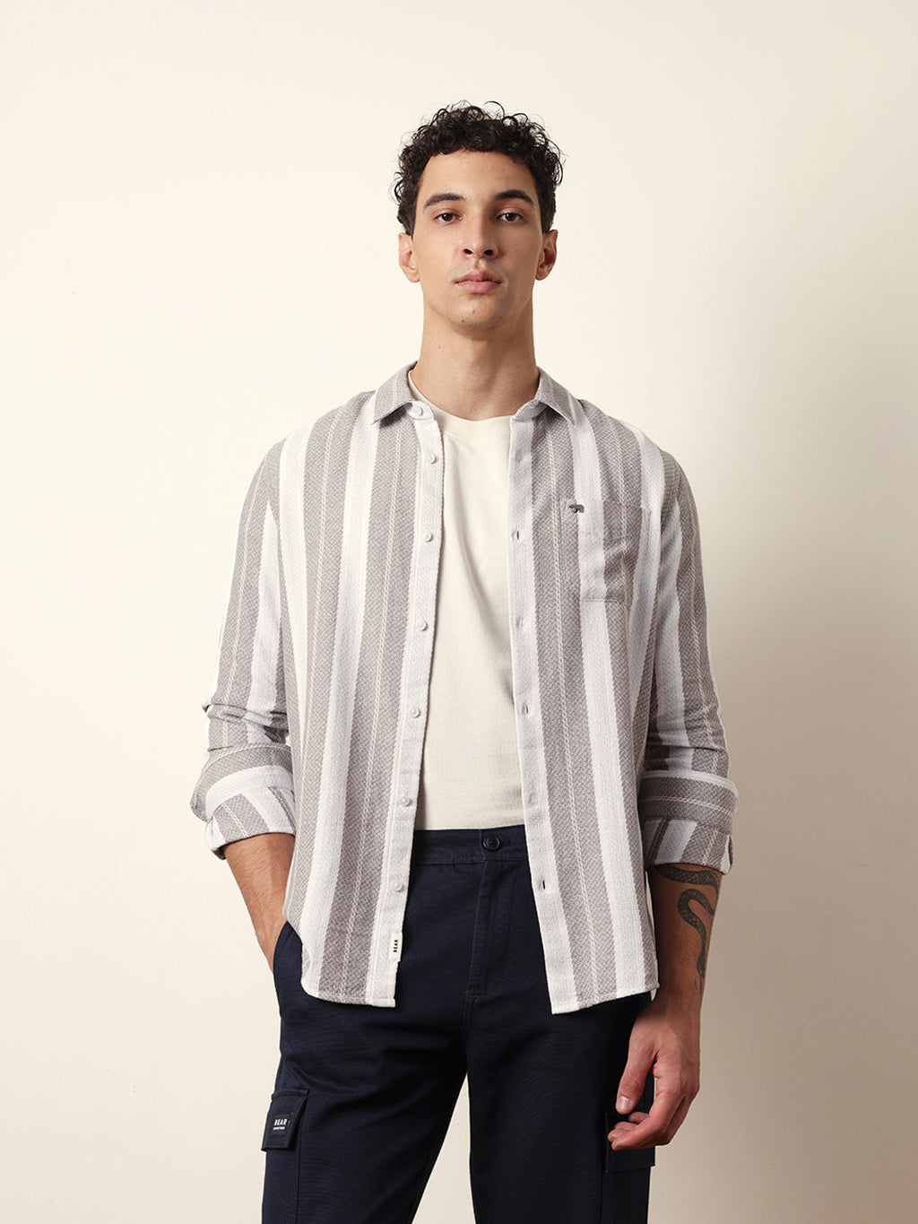 BROOK - Multicolor Vertical Striped Slim Fit Casual Shirt with Woven-Effect Design