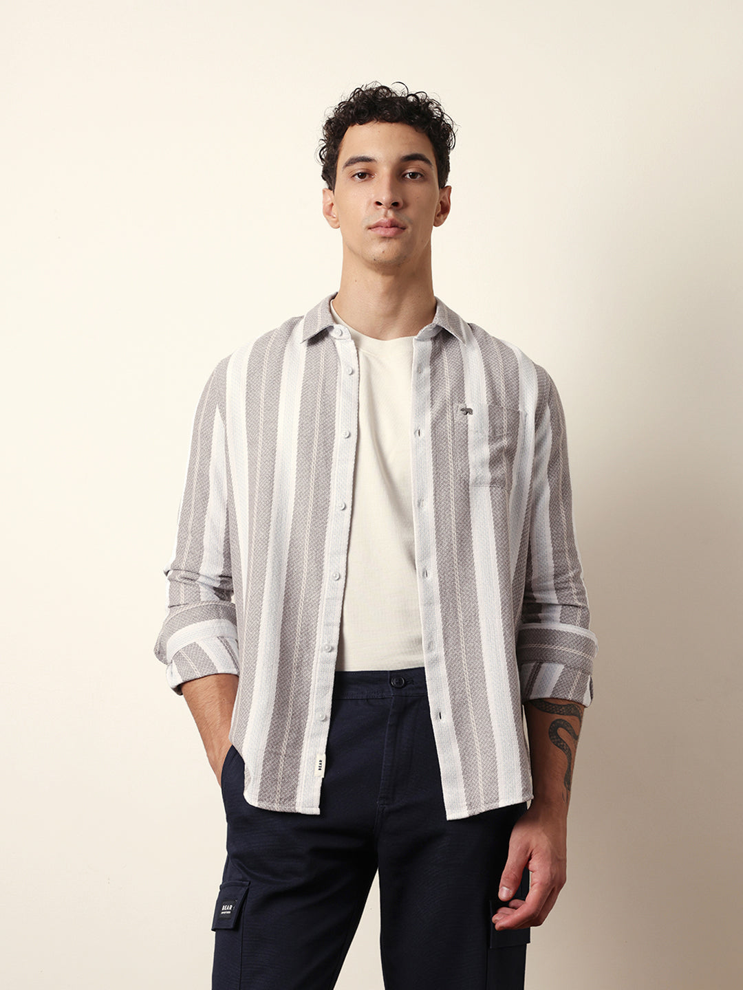 BROOK - Multicolor Vertical Striped Slim Fit Casual Shirt with Woven-Effect Design