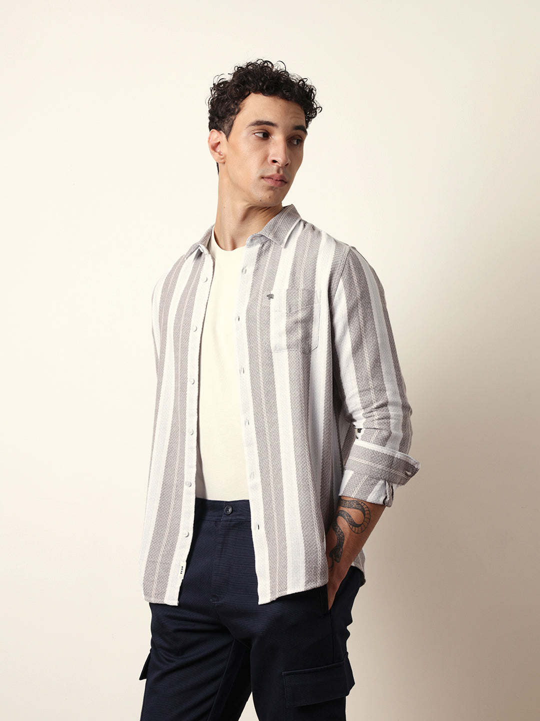 BROOK - Multicolor Vertical Striped Slim Fit Casual Shirt with Woven-Effect Design