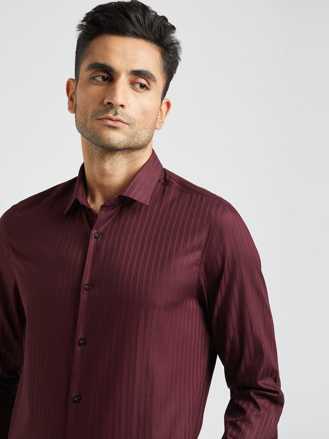 Conrad - Men Maroon Striped Tailored Fit Cotton Formal Shirt