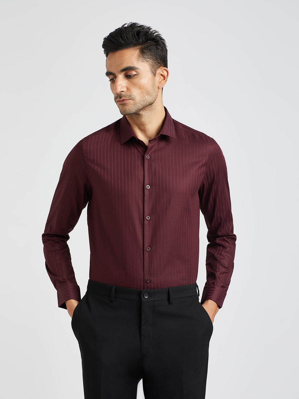 Conrad - Men Maroon Striped Tailored Fit Cotton Formal Shirt
