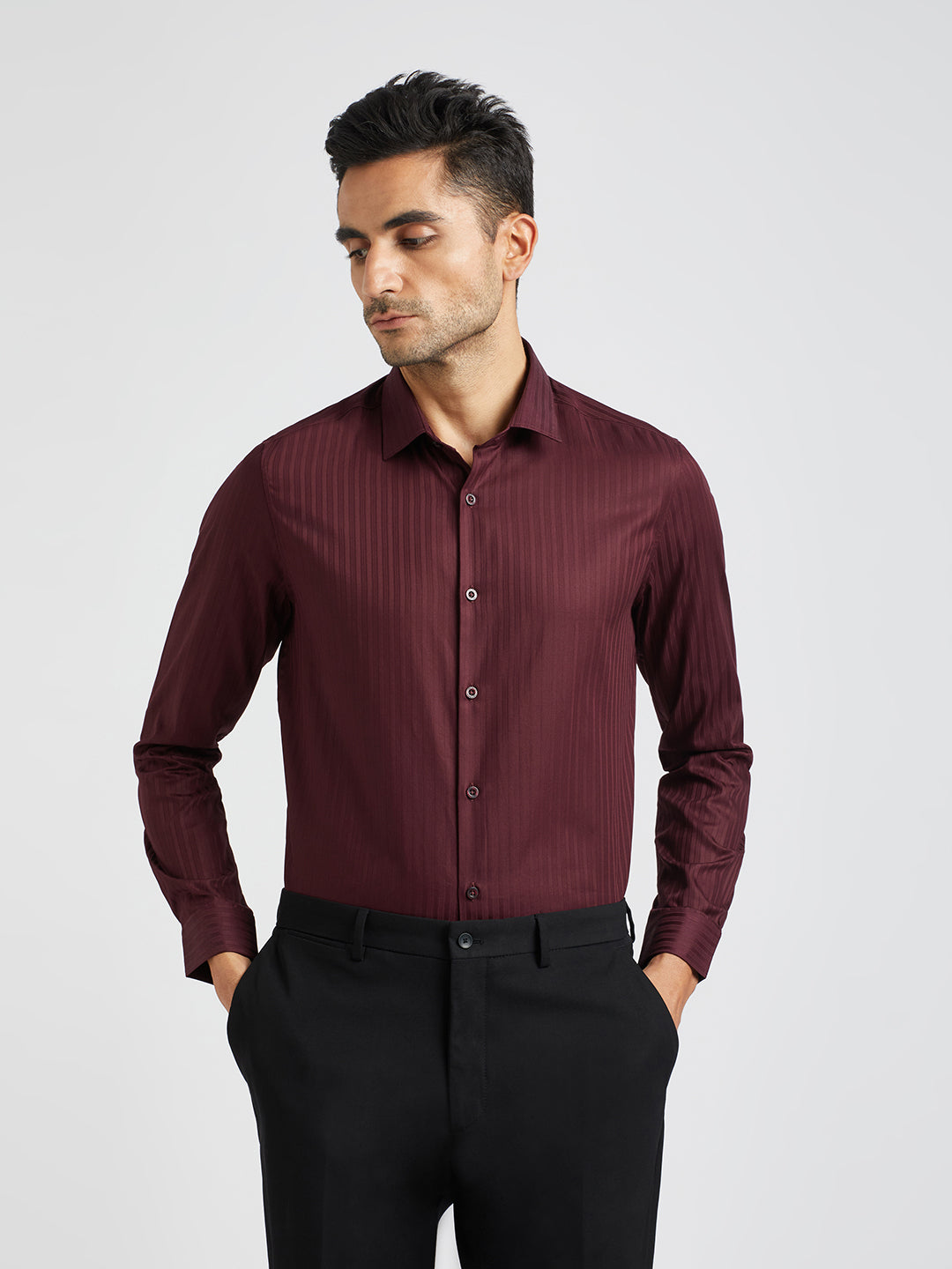 Conrad - Men Maroon Striped Tailored Fit Cotton Formal Shirt
