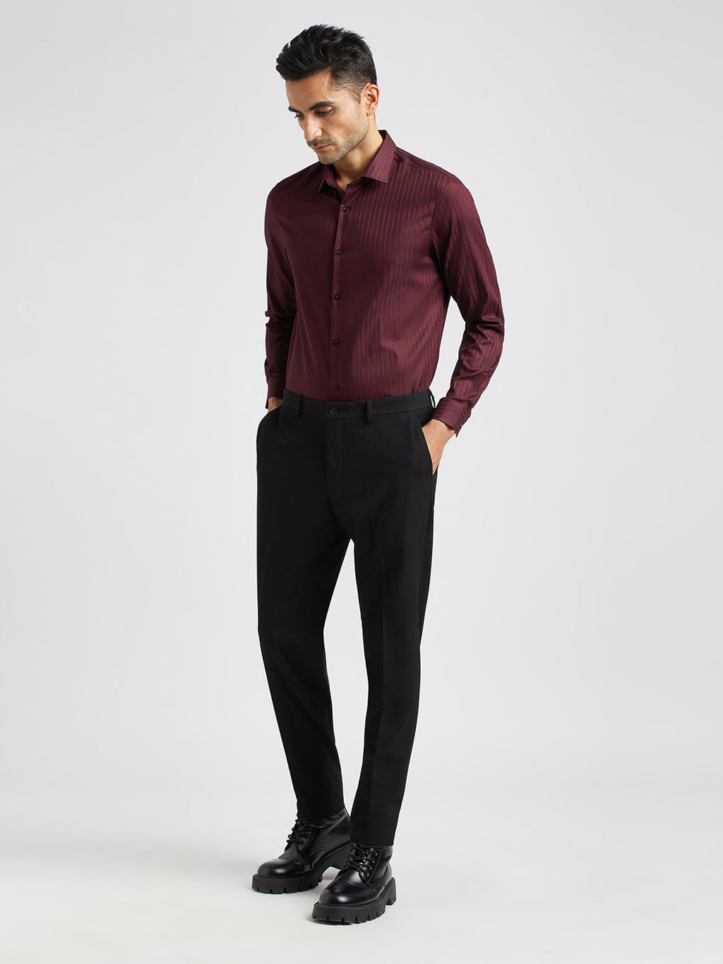 Conrad - Men Maroon Striped Tailored Fit Cotton Formal Shirt