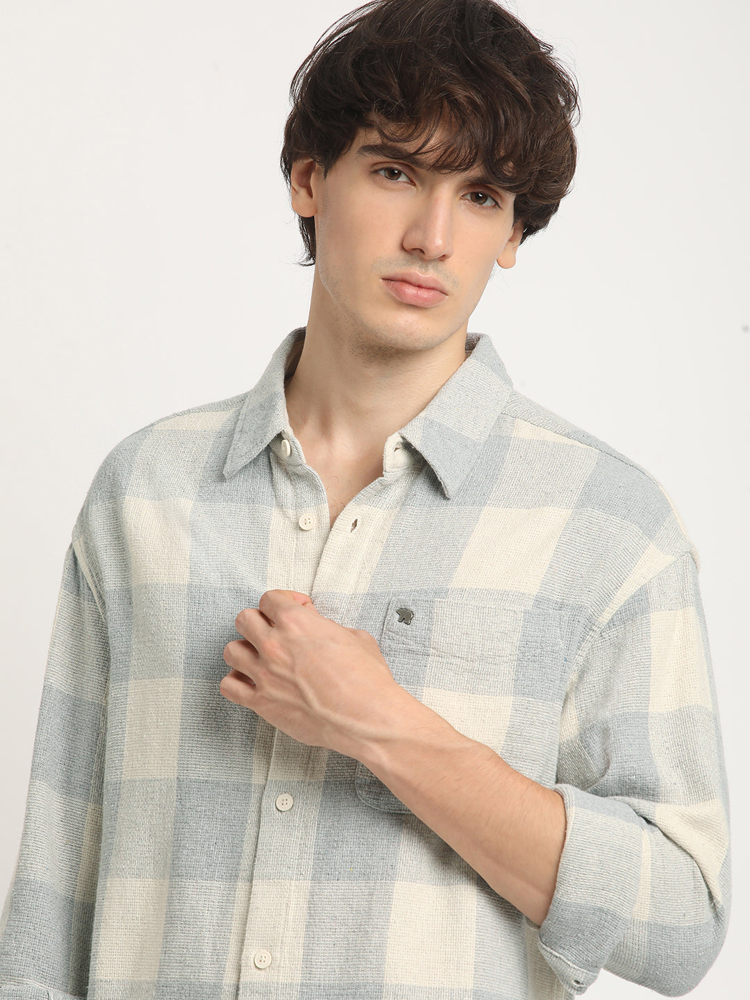 CROA - Men's Grey Checked Slim Fit Cotton Casual Shirt