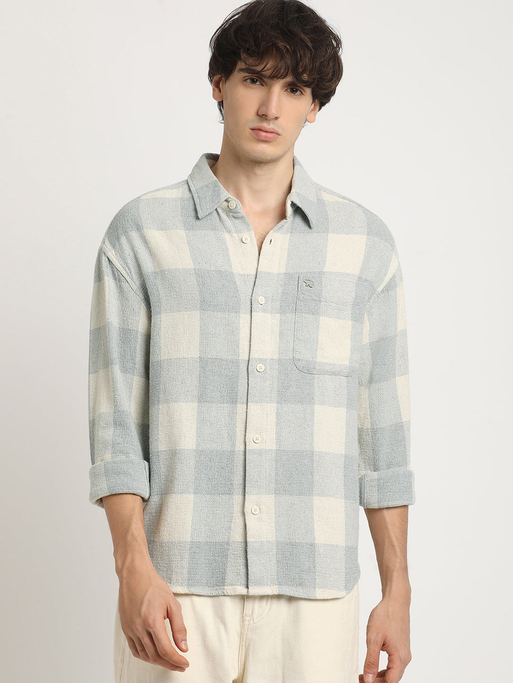 CROA - Men's Grey Checked Slim Fit Cotton Casual Shirt
