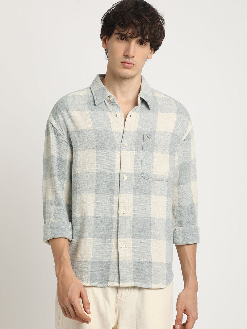 CROA - Men's Grey Checked Slim Fit Cotton Casual Shirt