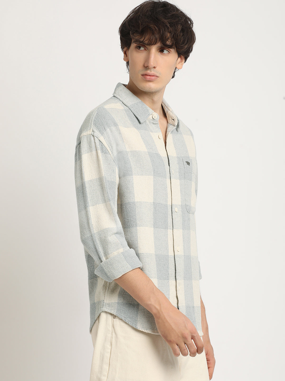 CROA - Men's Grey Checked Slim Fit Cotton Casual Shirt