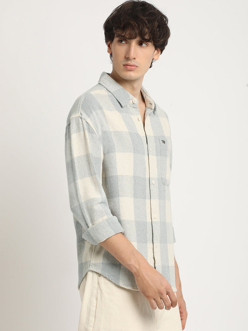 CROA - Men's Grey Checked Slim Fit Cotton Casual Shirt