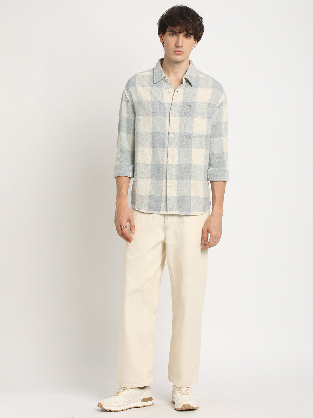 CROA - Men's Grey Checked Slim Fit Cotton Casual Shirt