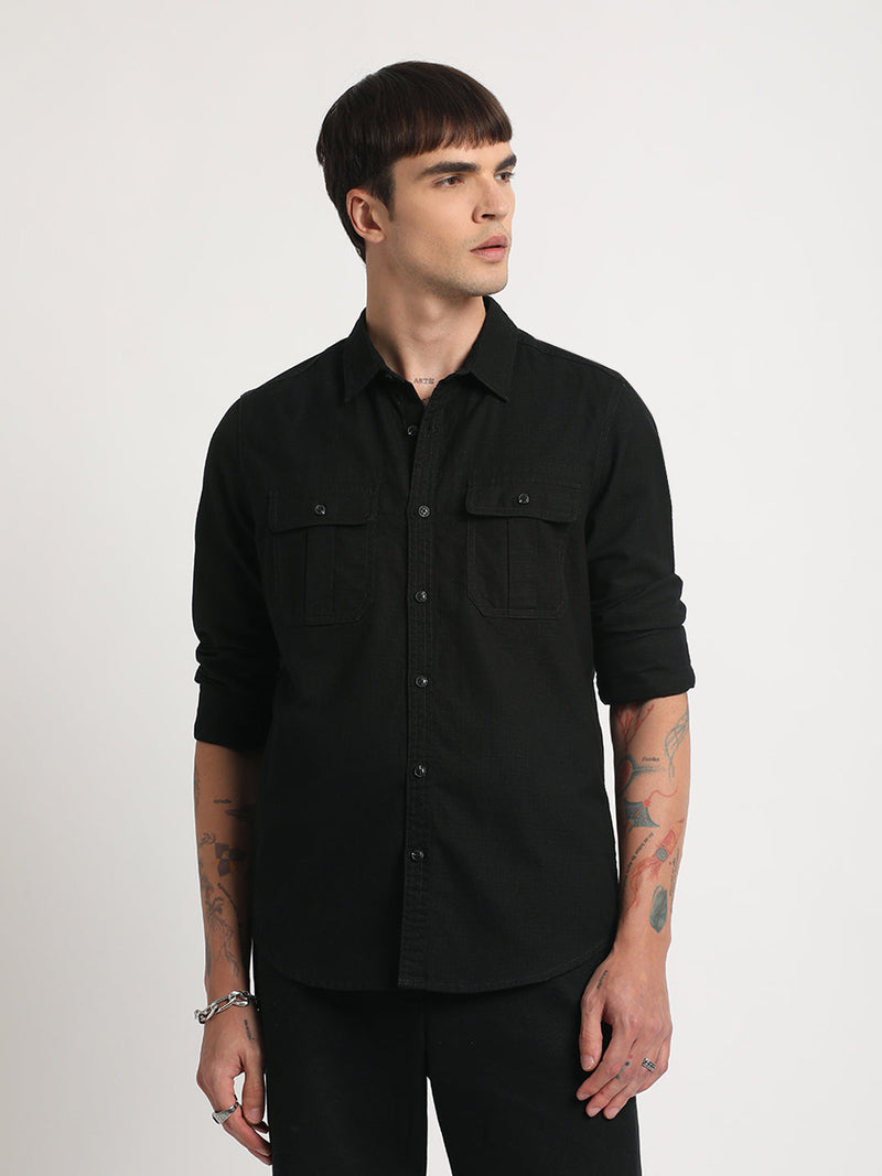 Dun - Men Black Solid Fit Cotton Casual Shirt with Flap Pocket