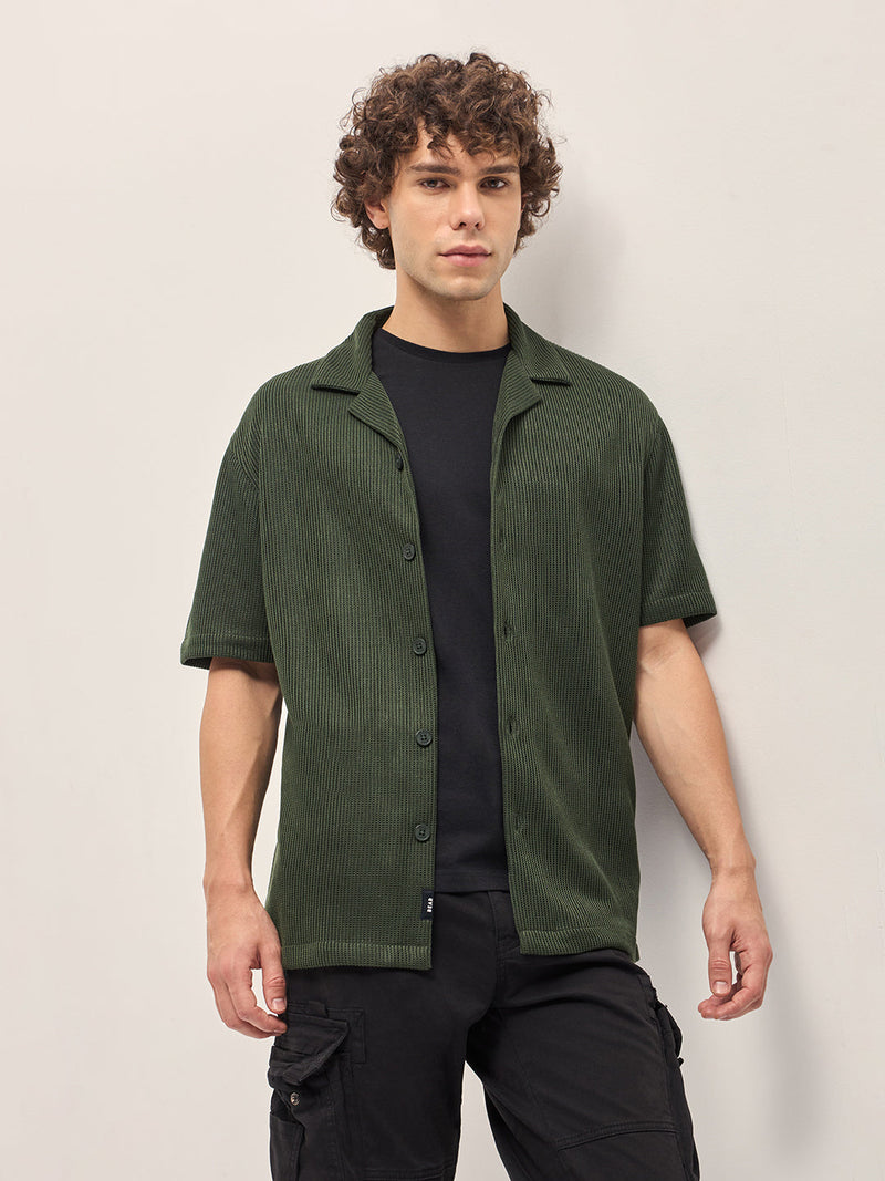 HIMENO - Dark Green Self Design Regular Fit Casual Shirt